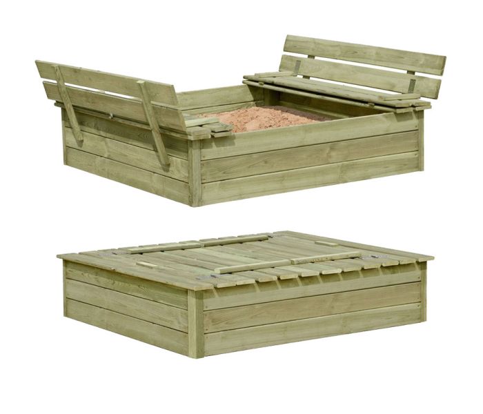 Houten zandbak 120 x 120 x 25 met zitbankjes
